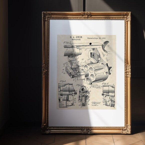 1898 G. A. Owen Revolver Patent Firearm Art 20x16 Vintage Gun Print on Parchment - Picture 7 of 9